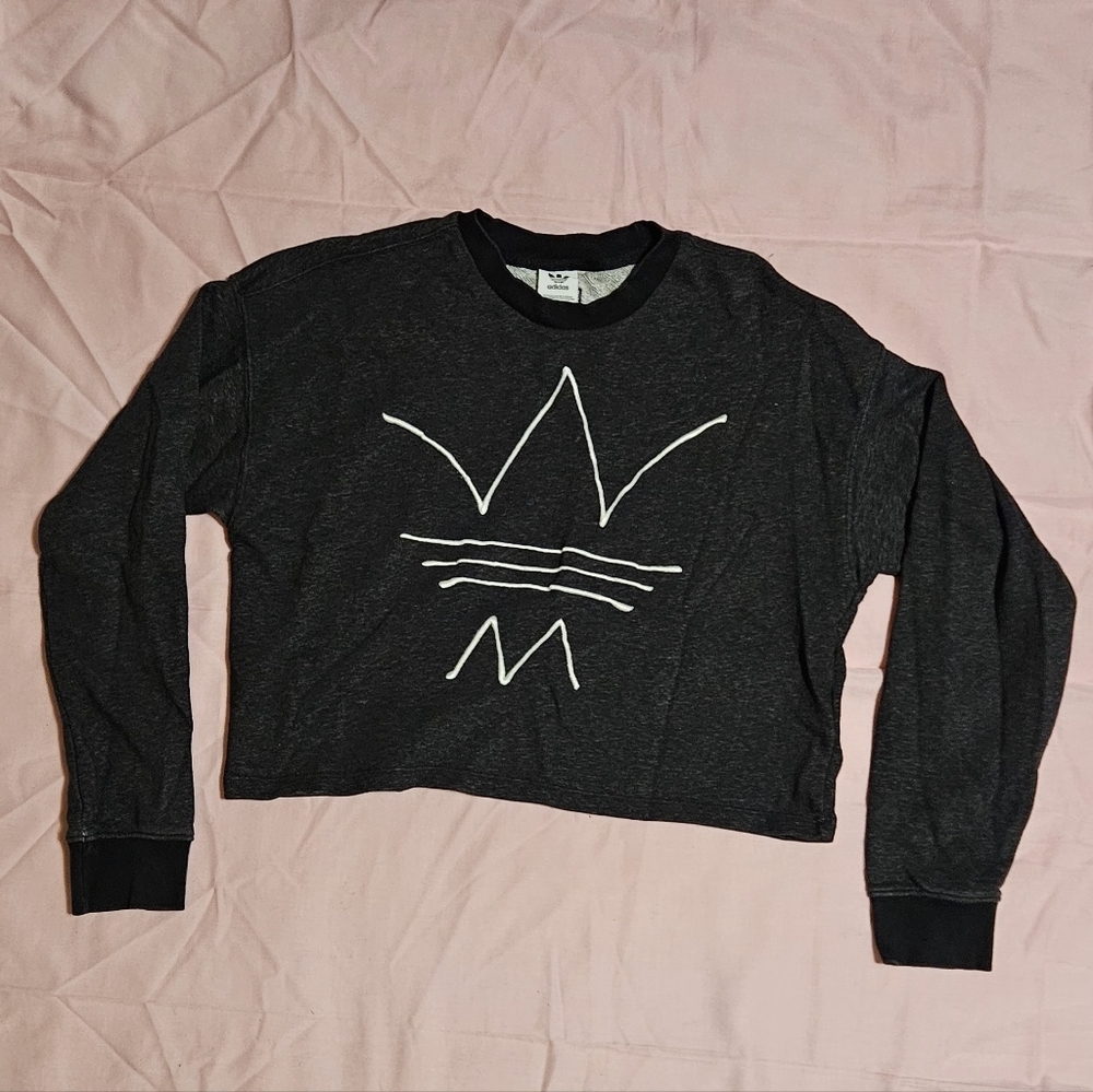 Adidas Originals Charcoal Cropped Trefoil‎ Logo Sweatshirt Pullover Womens